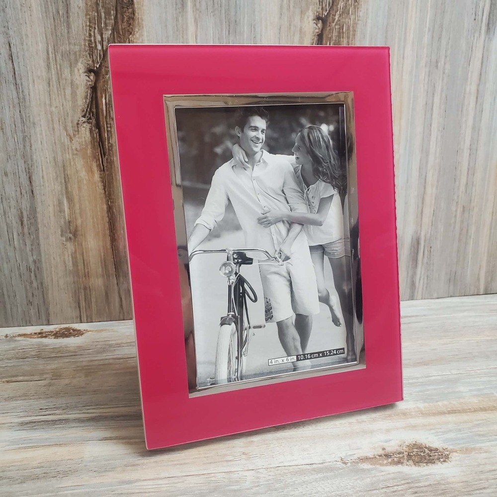 Papyrus Pink Enamel 4x6 Picture Frame Silver Trim Modern Tabletop Wall Decor